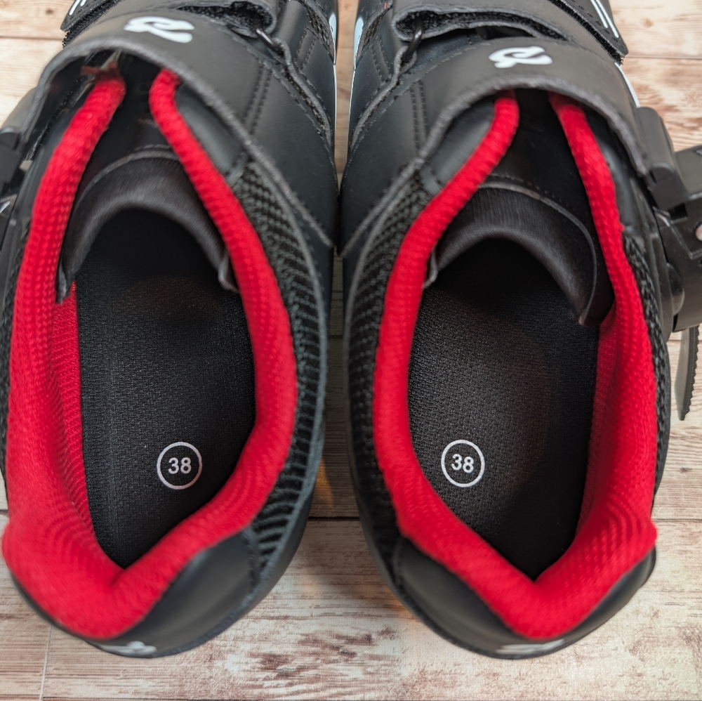 Peloton Bike & Bike Cycling Shoes Red Black White Unisex Size 38 Like New Size 8 - Picture 10 of 16